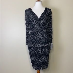 TADASHI SHOJI Black Leopard V-Neck Ruched Dress M